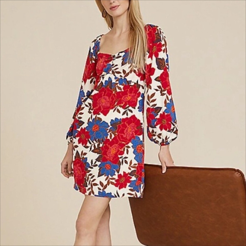 Maurices Floral Smocked babydoll‎ Mini Dress Red Blue White Long Sleeve Size S
